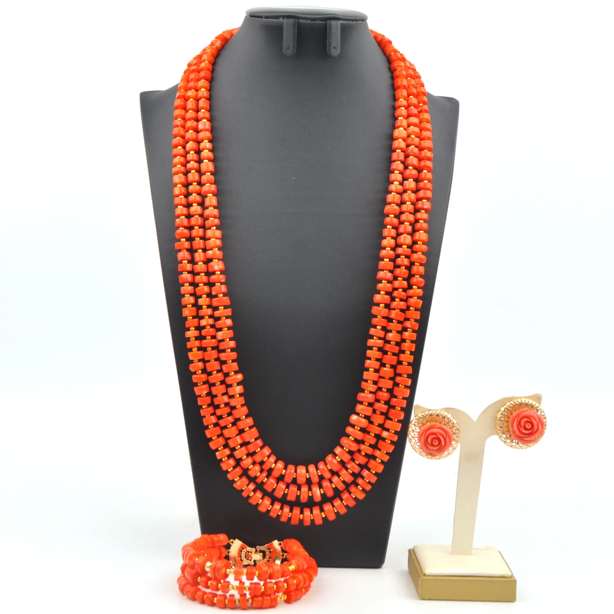 

Natural Orange Coral Necklace Nigerian Wedding African Beads Jewelry Set