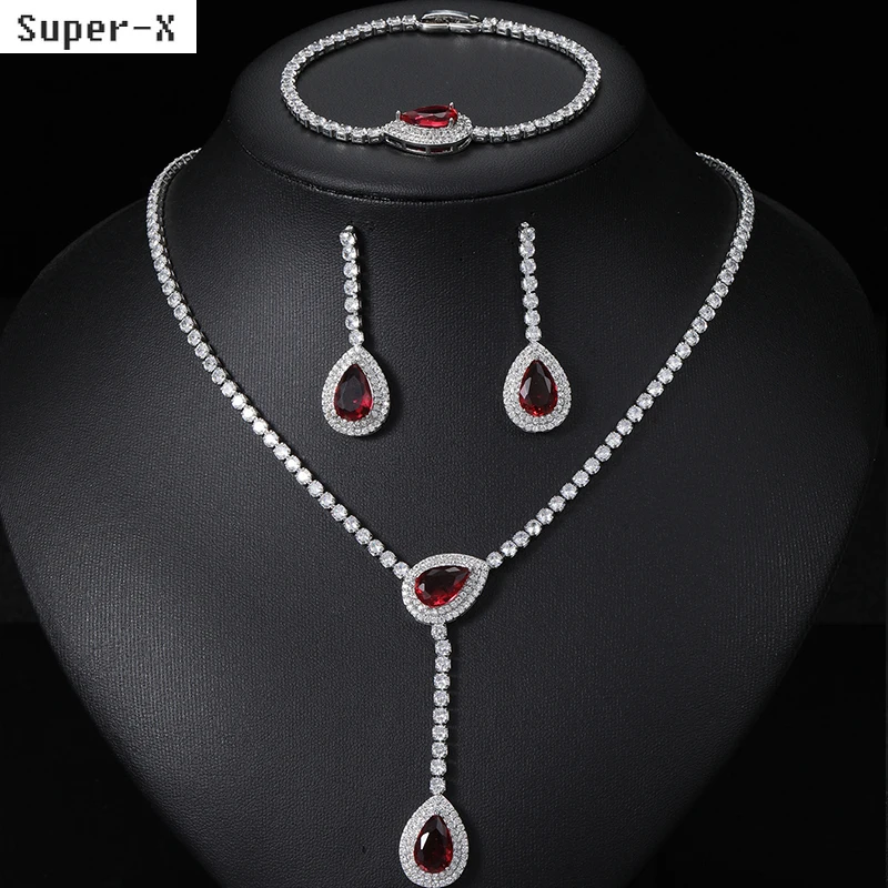 

3pcs jewelry sets necklace bracelet earrings red water drop pendant shiny zircon jewelry bride wedding party gown jewelry