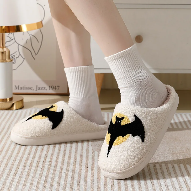 Halloween Bat Slippers Men Women 2024 New Cartoon Plush Warm Winter Cotton Shoes Couple Fashion Home Flat Shoes Soft Comfortable