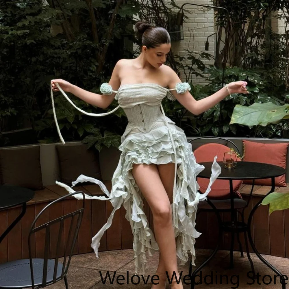Customized Sage Green Corset Prom Gown Strapless Ruched Bust Handmade 3D Floral Shoulder Ribbon Strings Cascading Ruffle