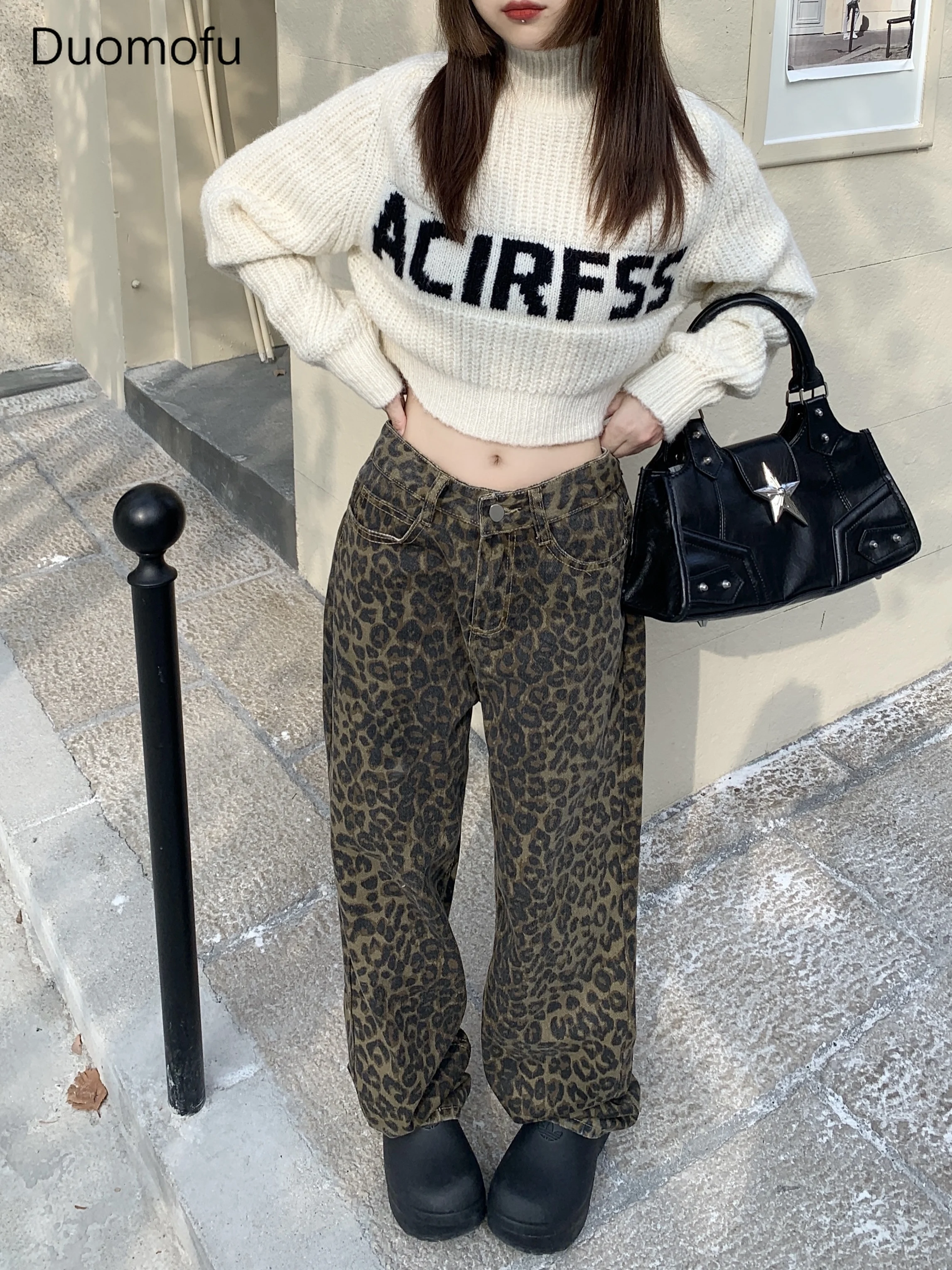 Duomofu American Vintage Leopard Print Loose Women Jeans Autumn New Classic Straight High Waist Casual Fashion Y2K Female Jeans