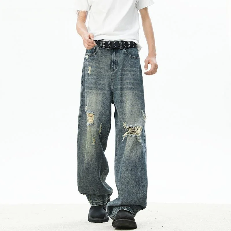 

American Retro Washed Ripped Straight Leg Jeans Men's Spring Autumn Casual Long Pants JOKARJONNY Youth Trend Breathable