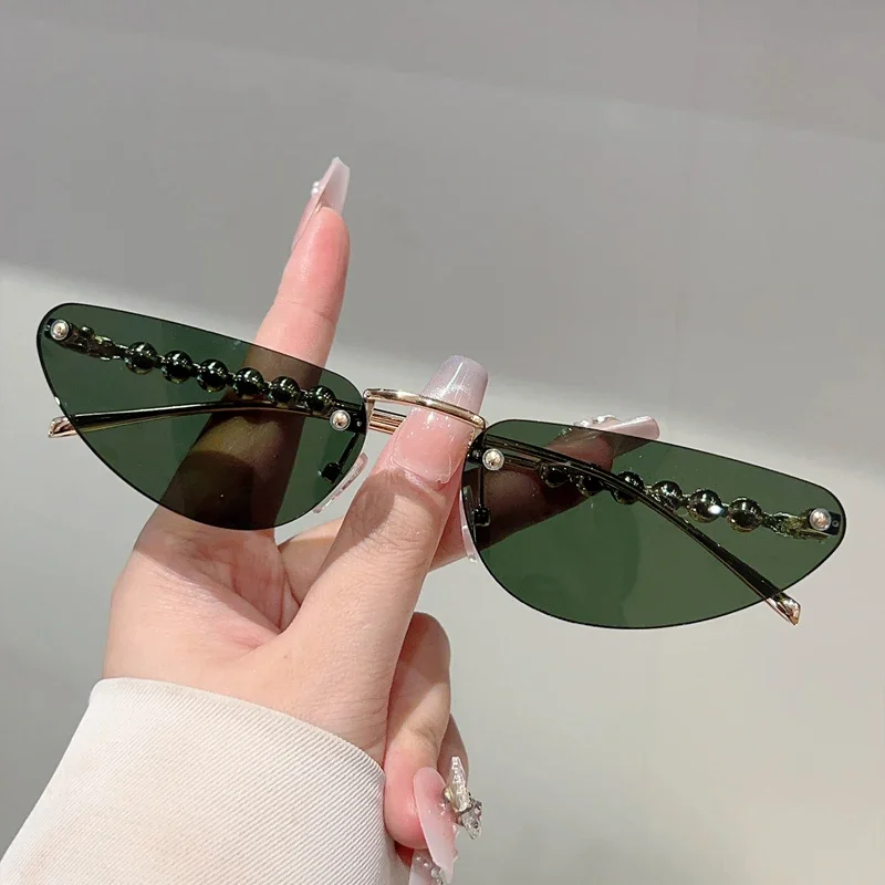 GM LUMIAS Randlose Dreieck Sonnenbrille mit Perlen Frauen Neue Mode Vintage Casual Sonnenbrille Trendy Marke Design Dekor Shades – Detail 7