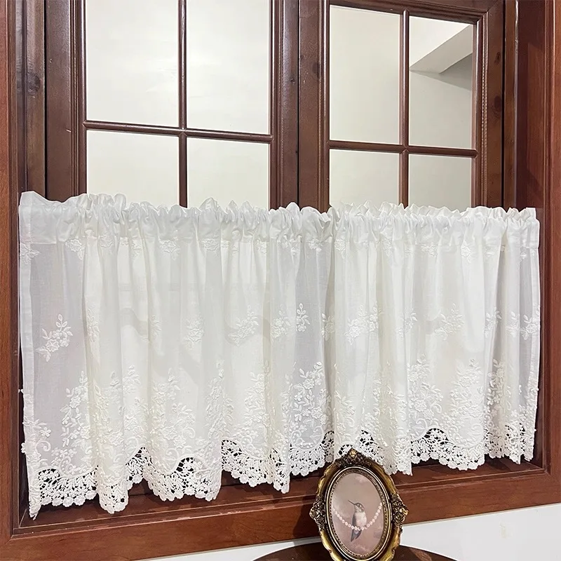 French Chic Flower Embossed Embroidery Lace Half Curtain White Elegant Semi Blackout Cafe Curtain for Kitchen Living Room Door