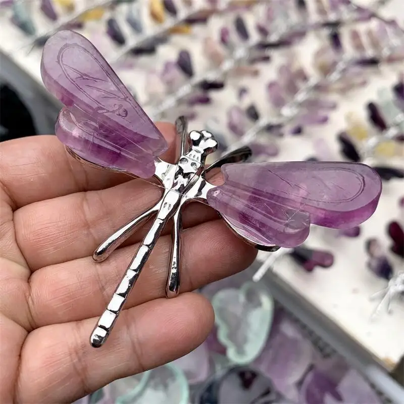 Natural Fluorite Wing Dragonfly Carving Mermaid Crafts Home Furnishings Fengshui Decoration Christmas Gift 1PCS