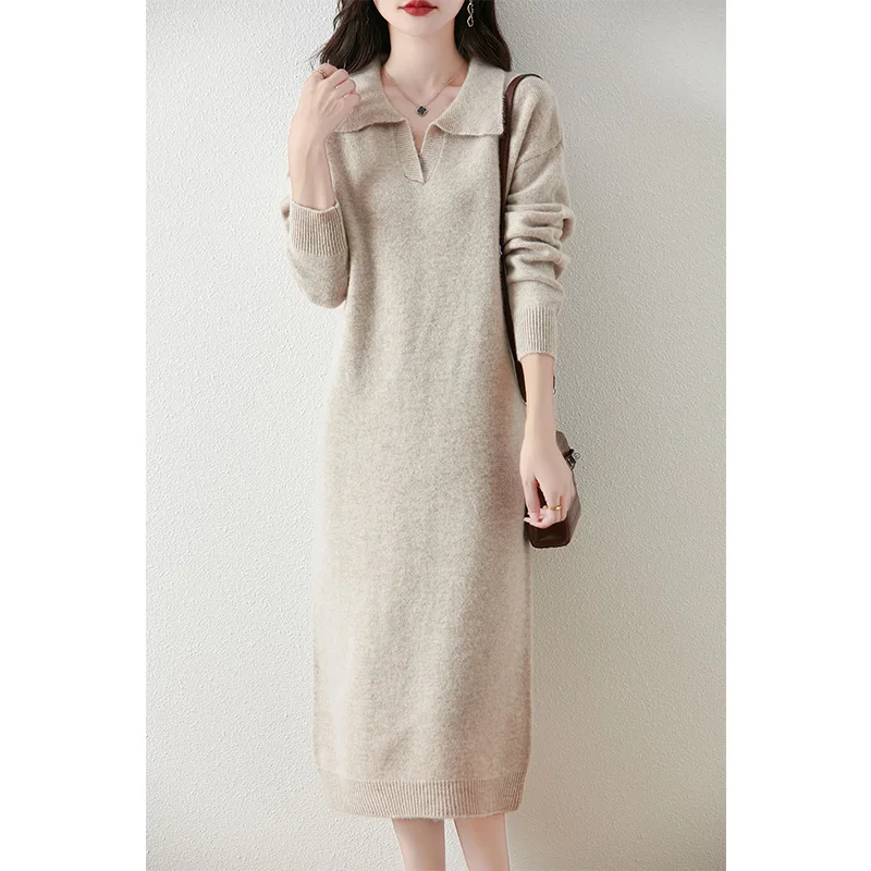 Autumn and winter collar pure wool knitted dress for women, loose and casual, lazy and slimming, paired with a woolen skirt