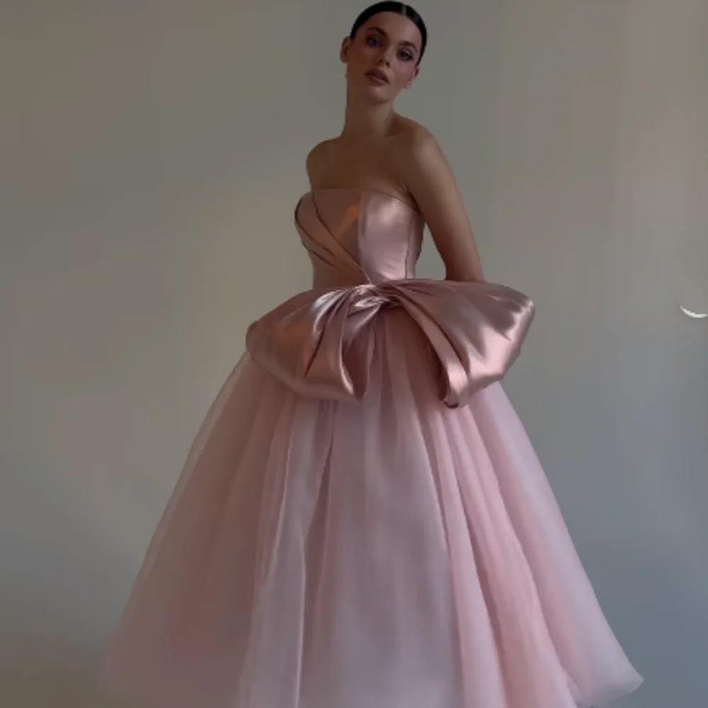 Customized High Quality Elegant Tulle Bow Pleat A-line Strapless Midi Dresses Bespoke Occasion Dresses Sizes Available Matching