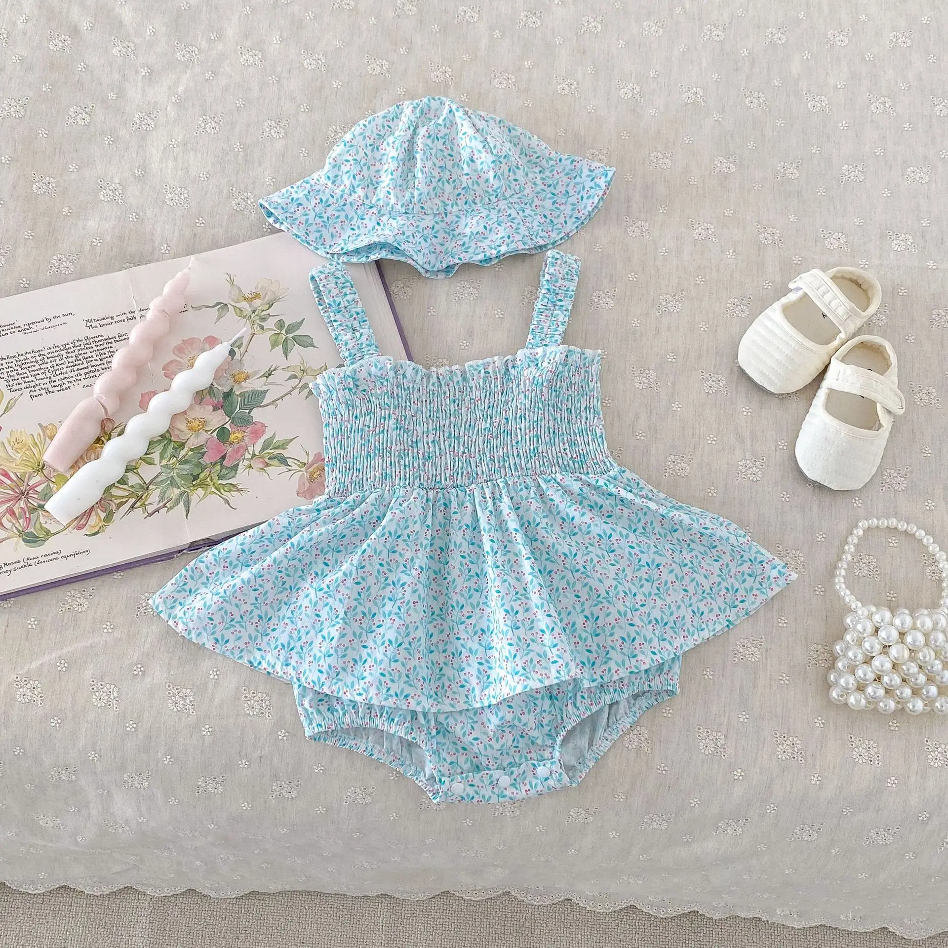 Summer Newborn Infant Baby Girls floral Romper + Hat Muslin Sleeveless Rompers Kids Onepiece Fashion Baby Clothing