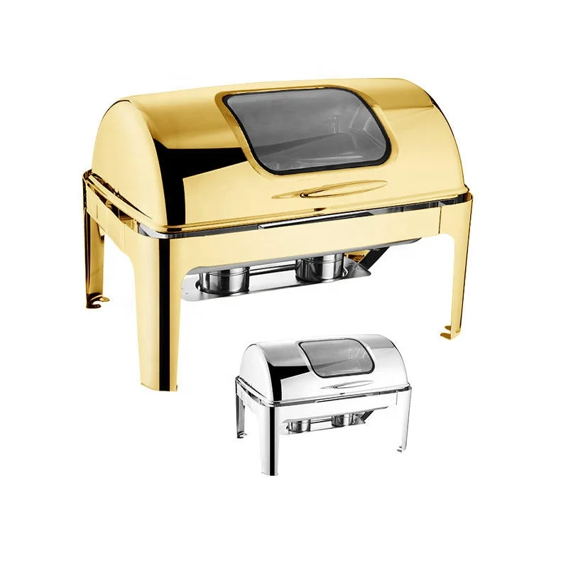 Luxury Rectangle Roll Top Stainless Steel Hot Pot 9L Large Capacity Fancy Decorative Buffet Set Silver Hotel Restaurant