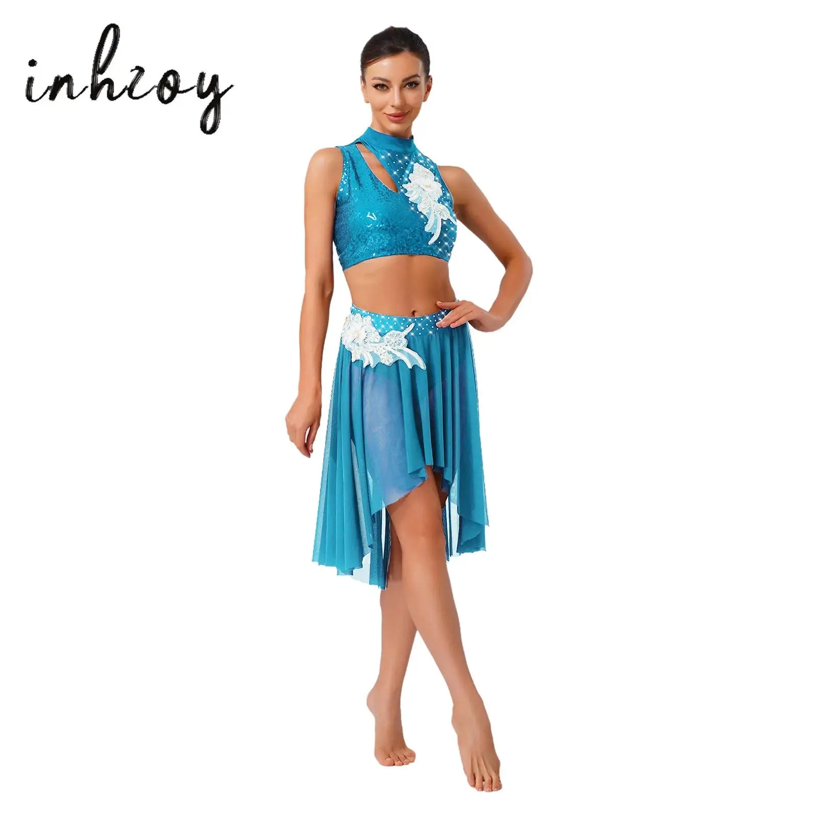 

Womens Lyrical Dance Outfits Embroidery Applique Sleeveless Hollow Out Crop Top and Mesh Hem Briefs Skirt Dancewear 2-piece Set