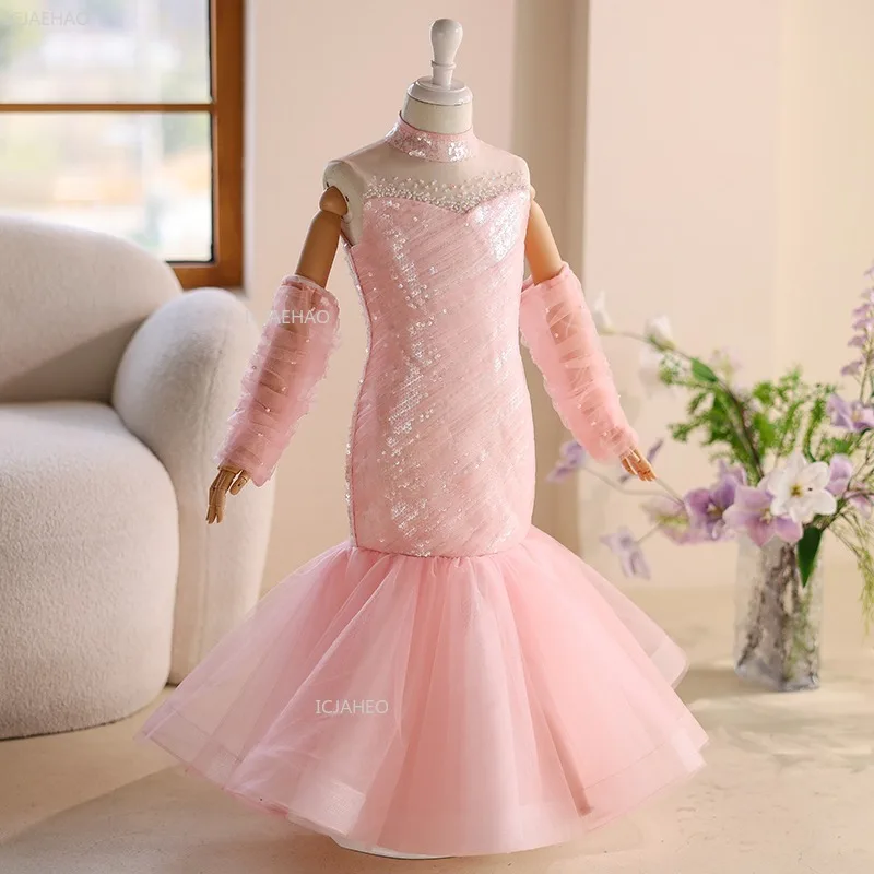 Girls Pink Sequin Mermaid Evening Dress Children Princess Party Gown Performance Model Formal Clothes Kids Pageant Host Piano