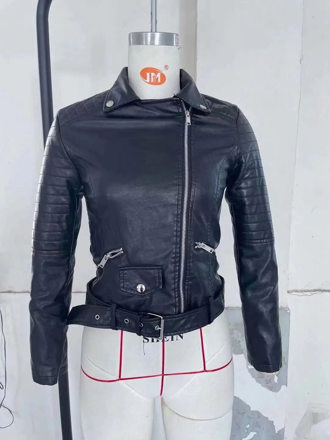 New Women Autumn Winter Black Faux Leather Jackets Zipper Basic Coat Turn-down Collar Motor Biker Jacket With Belt
