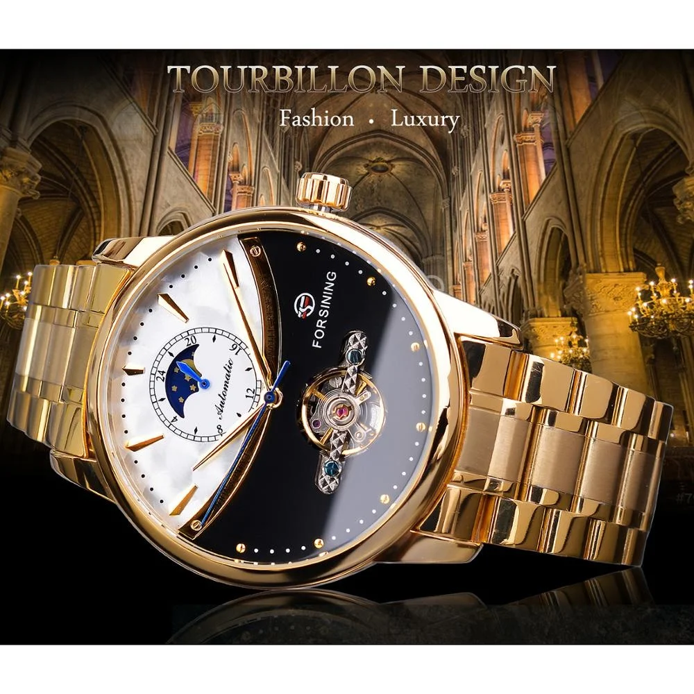 Forsining 339G Tourbillon Best Watch For Men Mechanical Wristwatches Fashion Moon Phase Dial Luxury Stainless Steel Strap