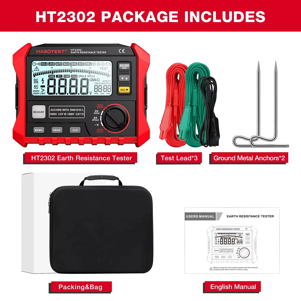 HABOTEST HT2302 Insulation Resistance Tester Earth Ground Resistance Tester Digital Megohmmeter Meter 100 Groups Data Storage