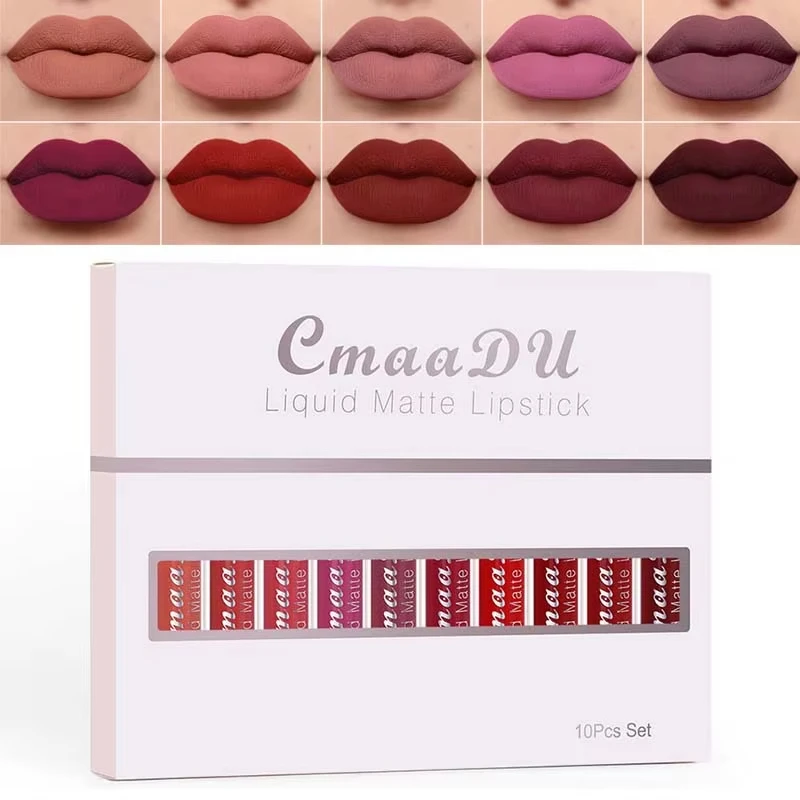 10pcs/Set High Pigment Liquid Matte Lipstick Collection 10 Colors Waterproof Long-Lasting Lip Makeup Glossy Lip Gloss Set