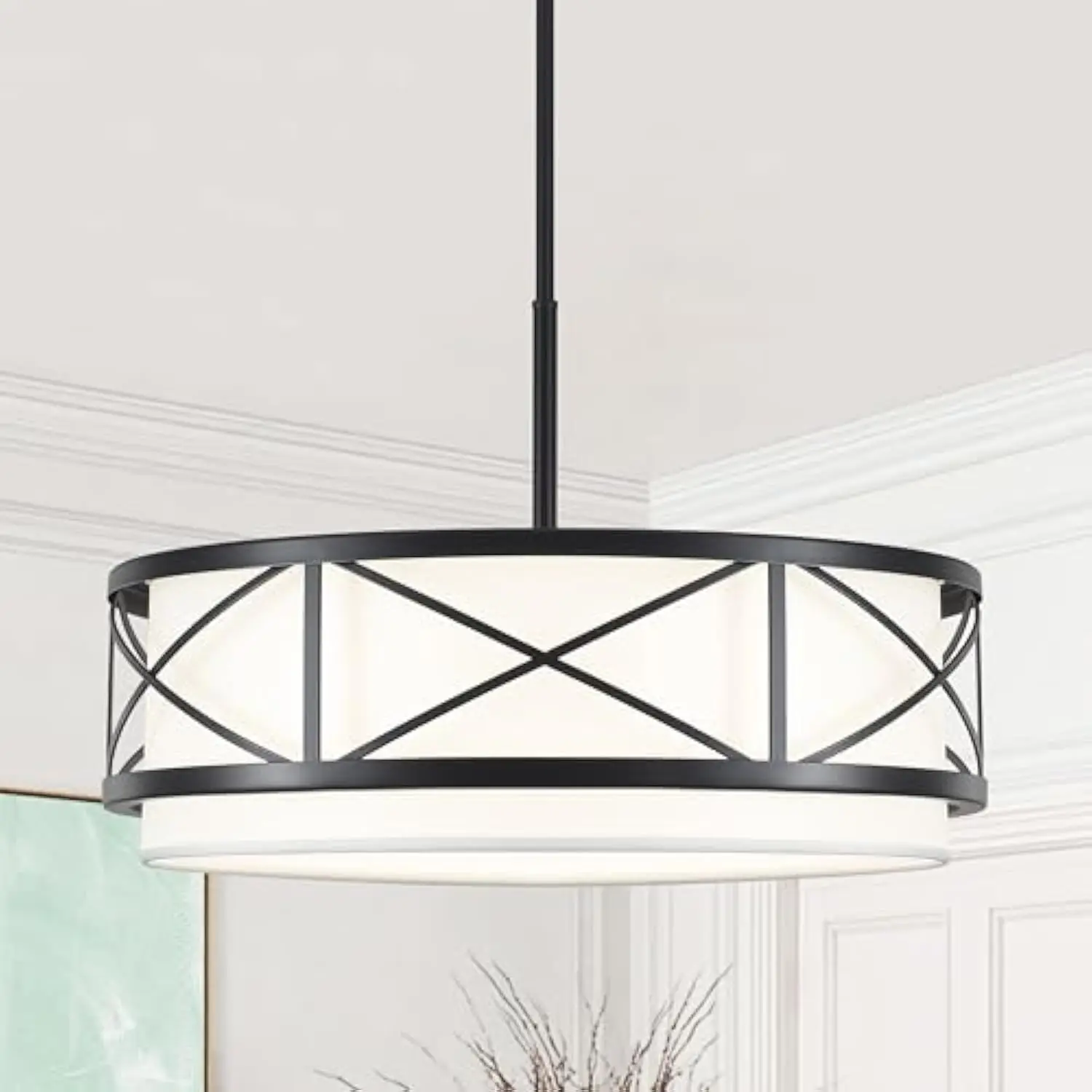 

19.7'' Black Drum Chandelier - 5-Light Modern Farmhouse Chandeliers Hanging Ceiling Light Fixture Drum Pendant Light with White