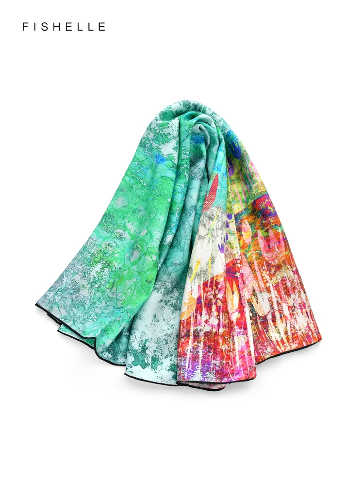 Green tulip printed natural silk scarf for women 100% real silk luxury big square wrap bandana shawl gift for ladies