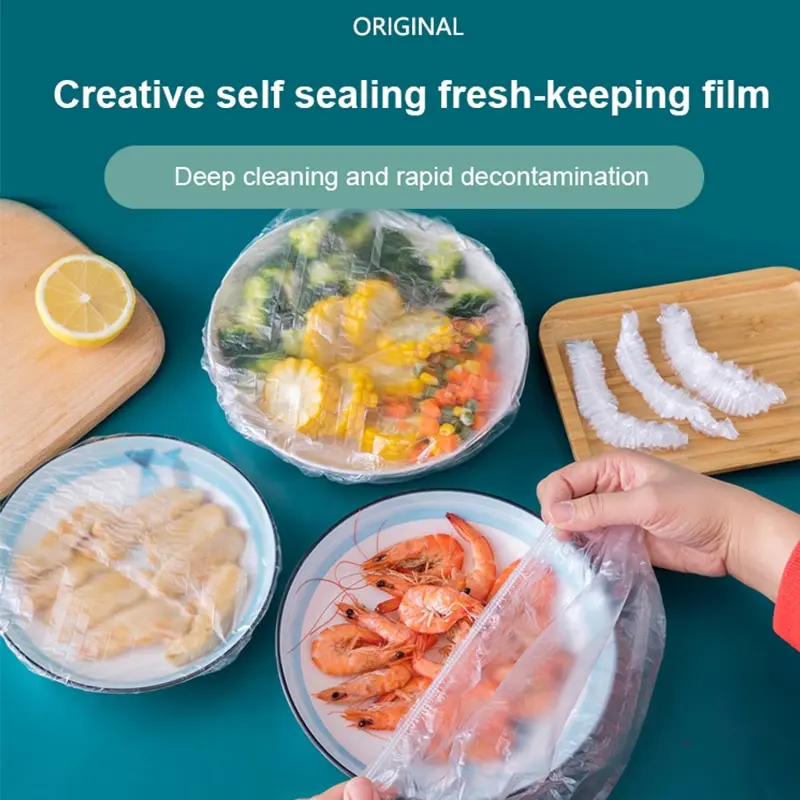 Cubierta desechable de plástico para alimentos, tapa elástica para almacenamiento de comida, bolsa de ahorro para fruta, cuencos, tazas, tapas reutilizables