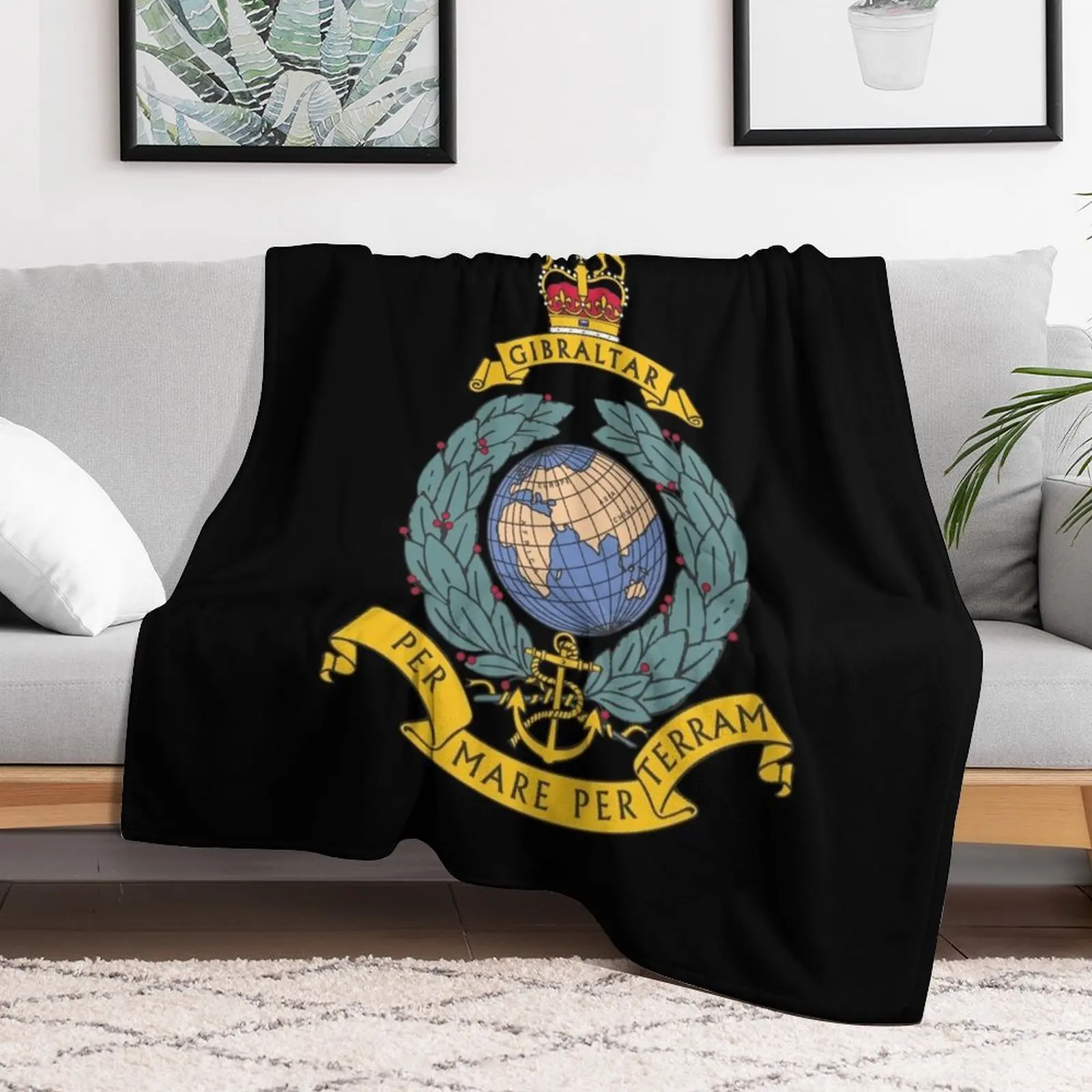 Royal Marines Commando Gibraltar Emblem Throw Blanket Multi-Purpose Hairy Blankets