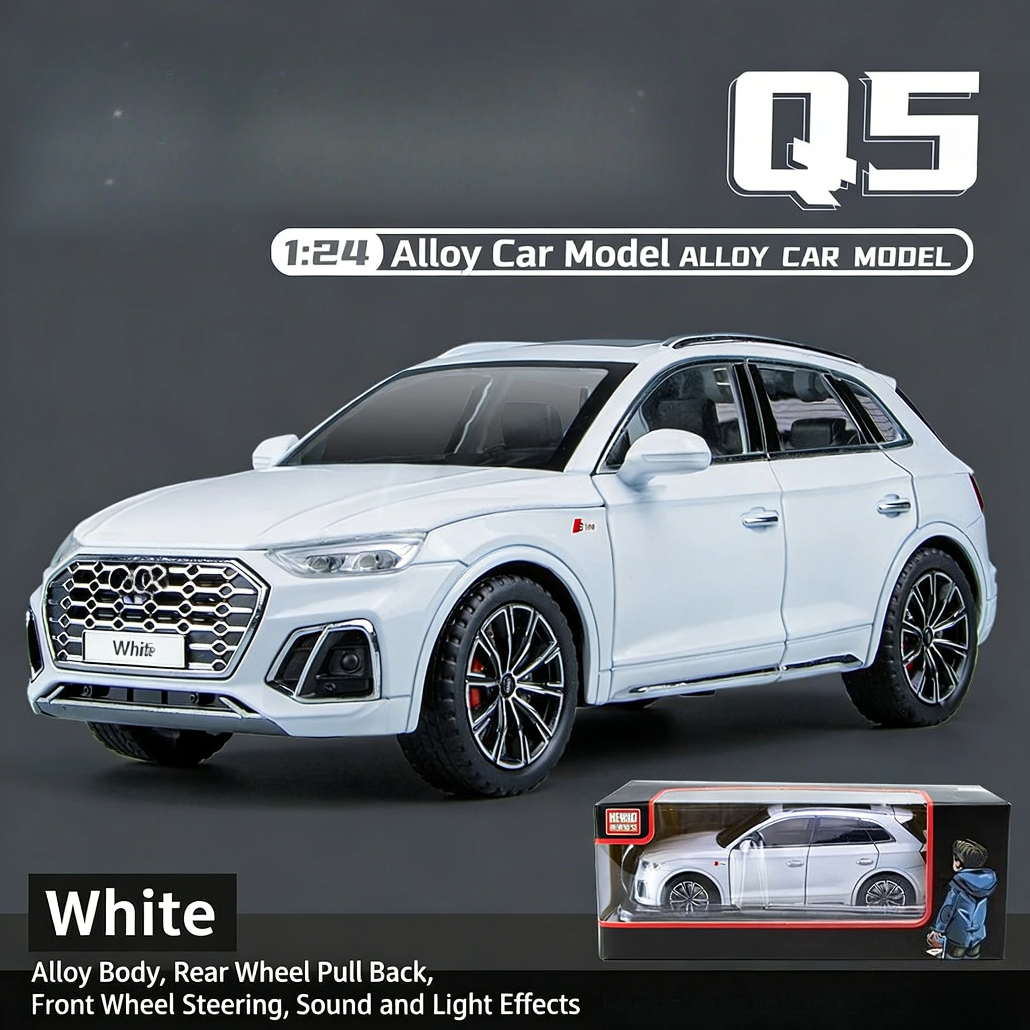 

1:24 Audi Q5 alloy car model ornaments collection children's acousto-optic pull-back toy doors and hood trunk can be opened.