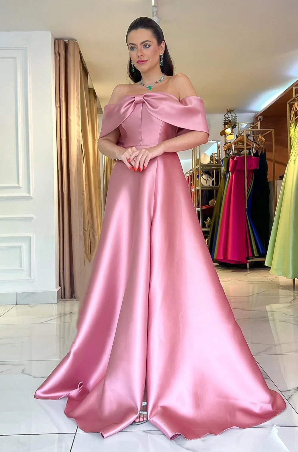 Satin Elegant Off the Shoulder A-line Evening Dresses Backless High Slit Bow Floor-Length Wedding Guest Gowns Simple Party Dress