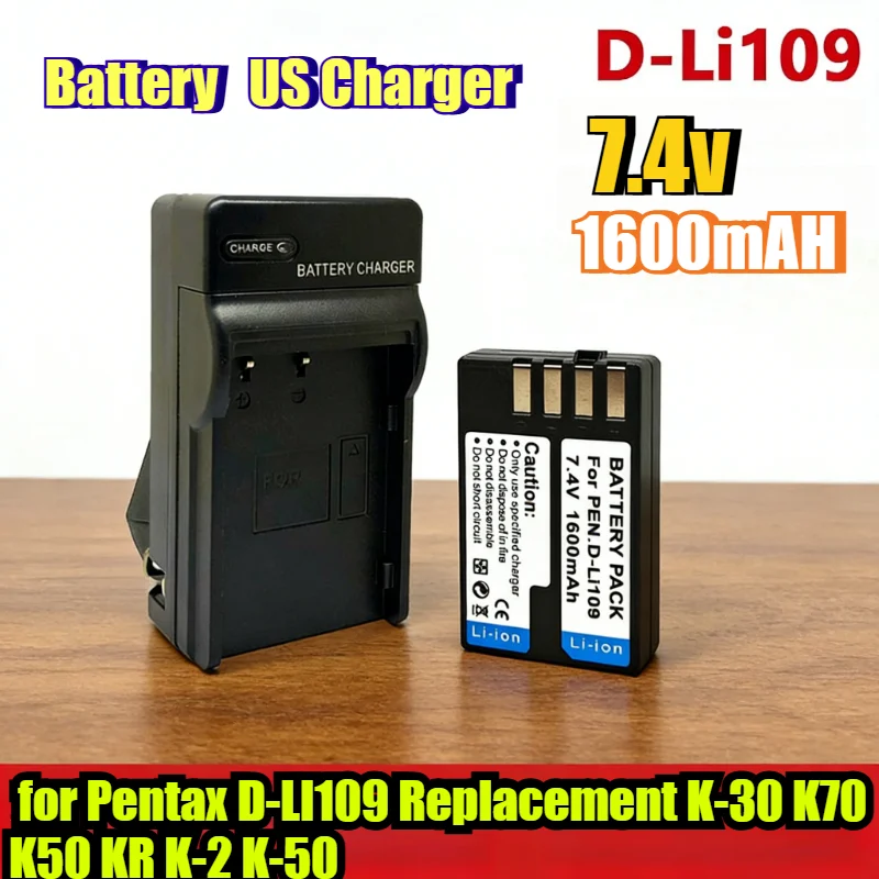 1600mAh 7.4v Rechargeable Li Ion Battery US Charger for Pentax D-LI109 Replacement K-30 K70 K50 KR K-2 K-50 Digital Cameras