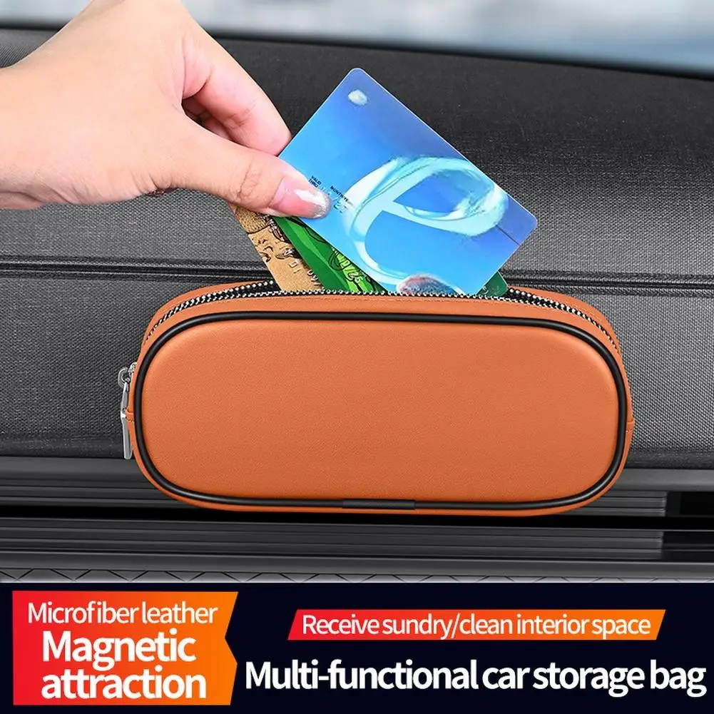 Magnetic Car Organizer with PU Leather Storage Bag and Zipper Closure for Use on Sun Visor Dashboard and Center Console