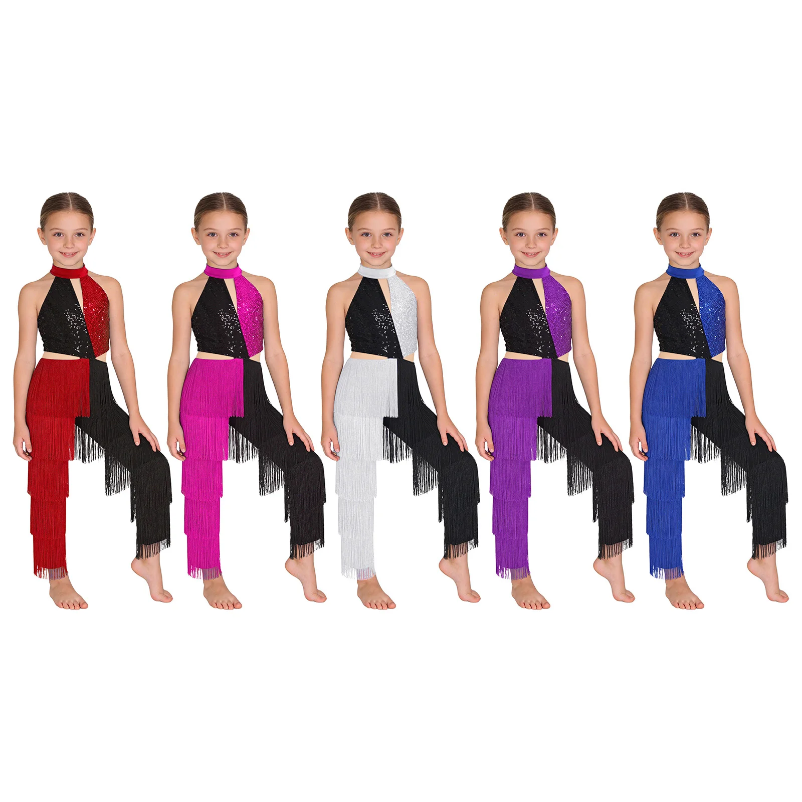 키즈 걸즈 라틴 디스코 댄스 점프수트 반짝이는 스팽글 태슬 컬러 블록 점프수트 홀터 슬리브리스 컷아웃 백 바디수트 댄스웨어