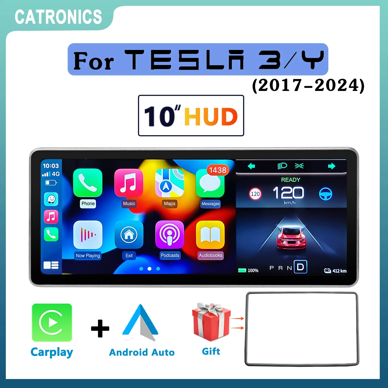 10in Digital Dashboard Heads UP Display Carplay Android Auto for Model 3 Y