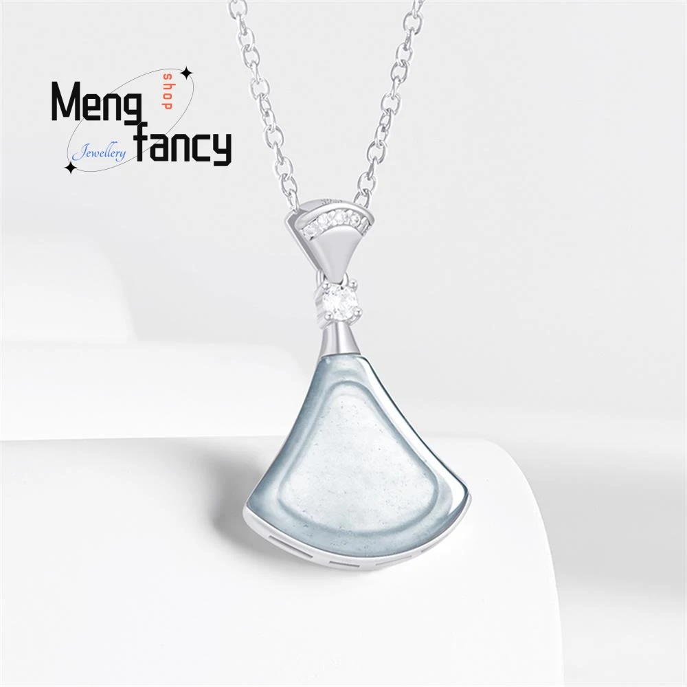 S925 Silver With Natural A-goods Jadeite Blue Water Small Skirt Ice Jade Pendant Exquisite High-grade Luxury Fashion Jewelry