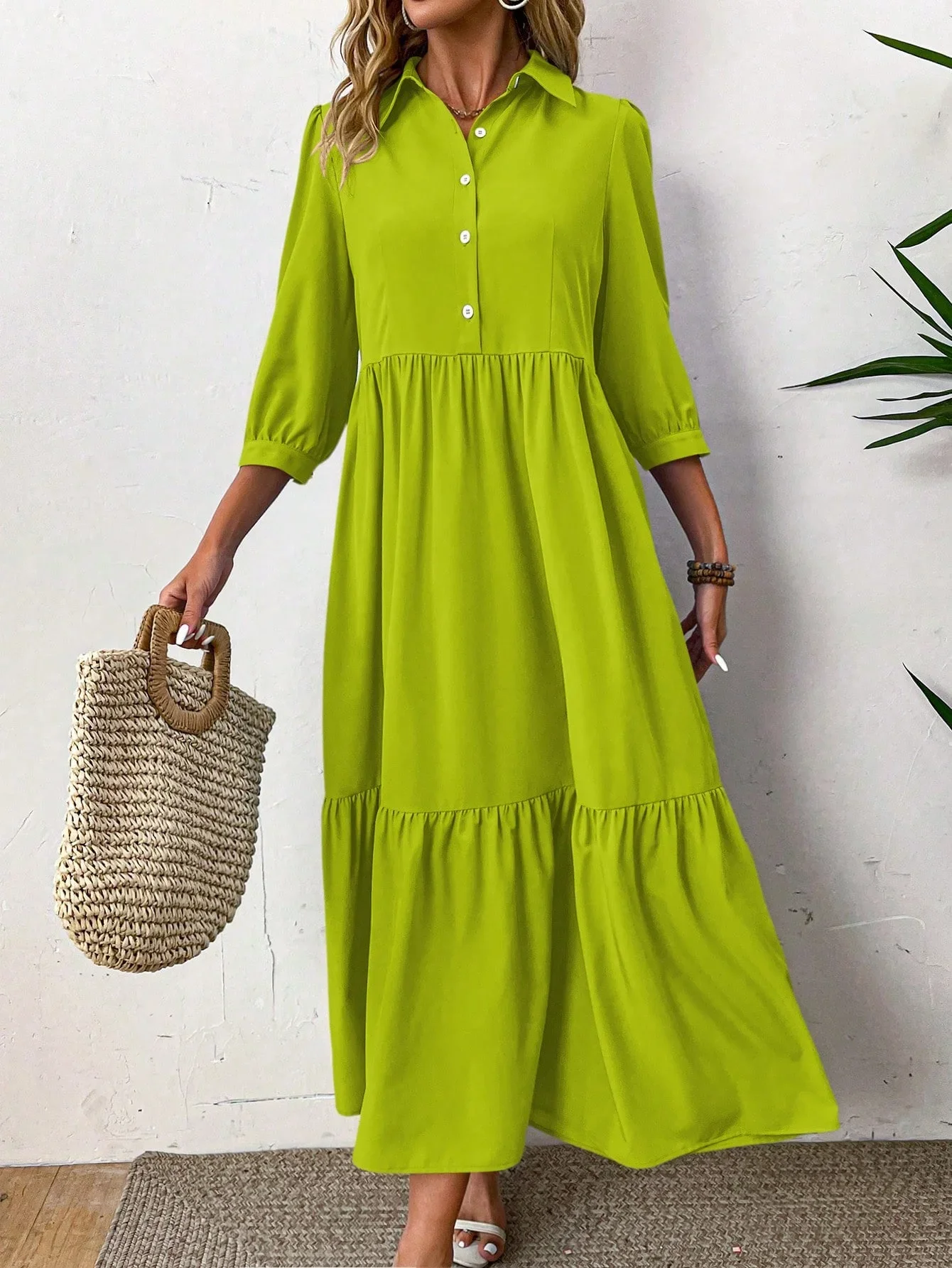 European and American Loose Slimming Look French Lazy Style Shirt Dress Pure Color