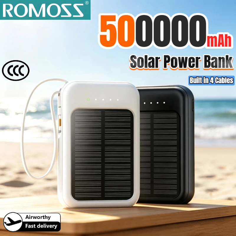 ROMOSS 500000mAh Solar Power Bank High Capacity Fast Charging Built in 4 Cables Powerbank Outdoor Spare Battery For All Phones