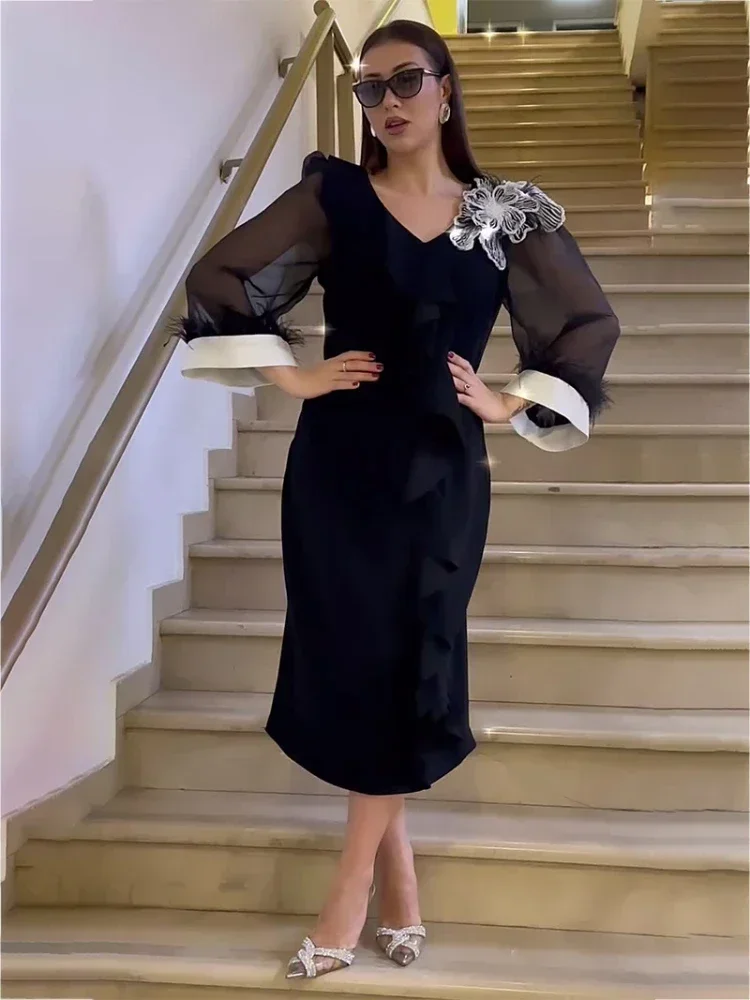 Abito da donna a maniche lunghe con giunture trasparenti Abiti midi con scollo a V Fiore solido Una linea ampia Abiti da donna eleganti leggermente elasticizzati