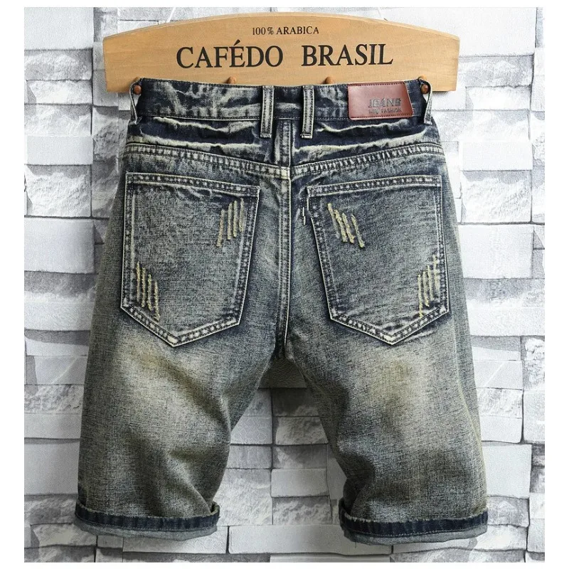 Men Retro Holes Denim Shorts Men Summer Ripped Straight Fit Shorts Jeans Men Patch Knee Length Cowboy Jeans Shorts Size 40