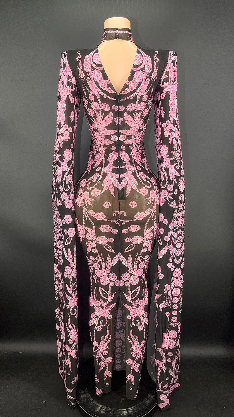 فستان أنيق برقبة عالية وحجر الراين الوردي وأكمام طويلة شبكي أسود من Vestidos Fiesta De Lujo Vestidos Largos رداء Soirée Femme Mariage