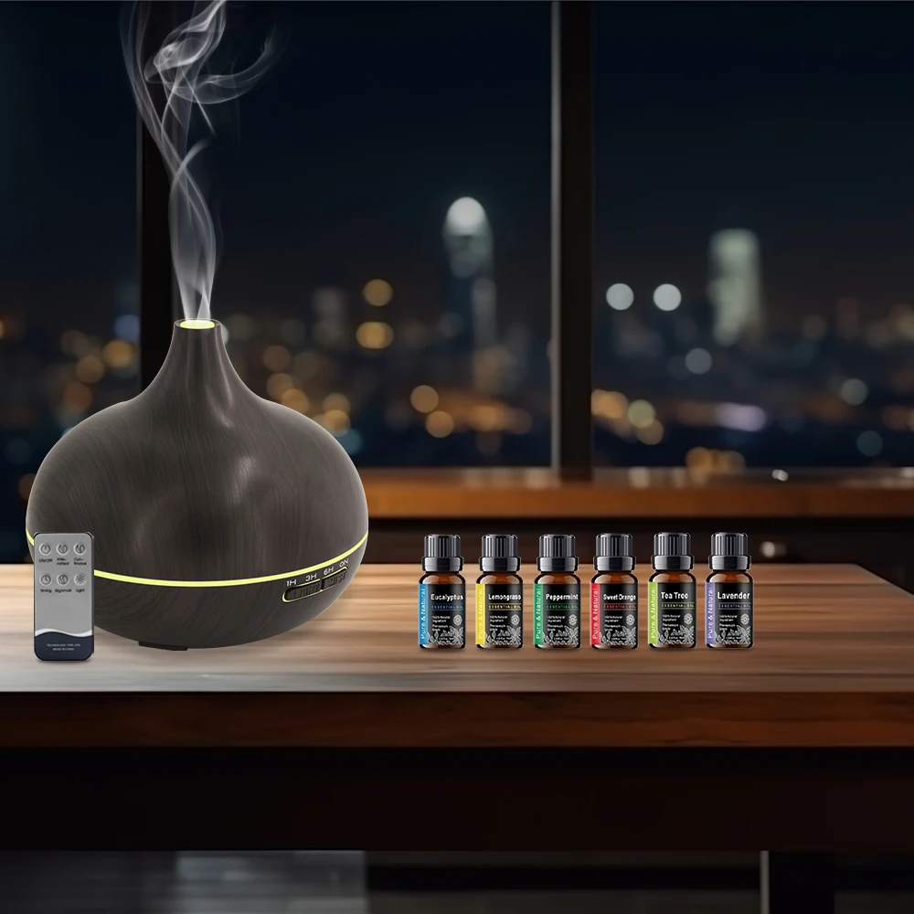 

Diffuser For Home 550ml For Home Essential Oil Aroma Oil Diffuser Ultrasonic Humidifier with Remote 7 Color LED 6 Oils Includ