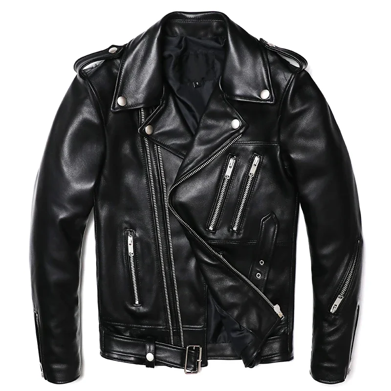 

Мужская куртка из натуральной овчины, приталенная, качественная, для мотоциклистов, с косой молнией, новая, из натуральной кожи.