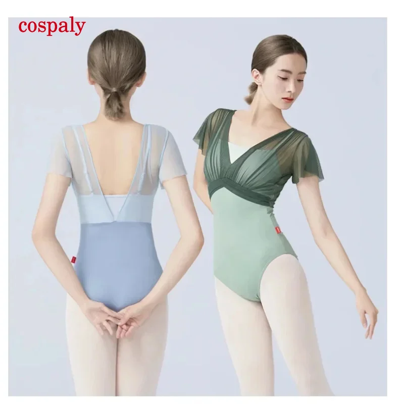 A Ballet Leotards For Women Adult Backless Ruffle Sleeve Mesh Lace Dance Costume Gym Yoga Swimwear Gymnastitic Leotard Bodysuit