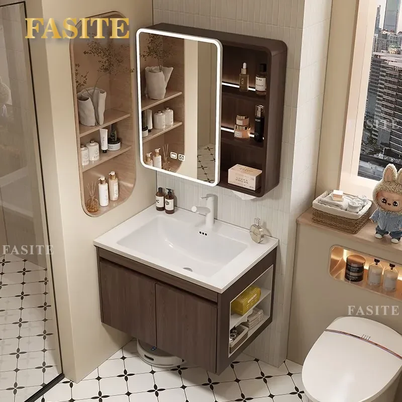 For Bathroom Ceramic Integrated Basin Cabinet Walnut Honeycomb Aluminum Washbasin Vanity Narrow Side Storage Modern