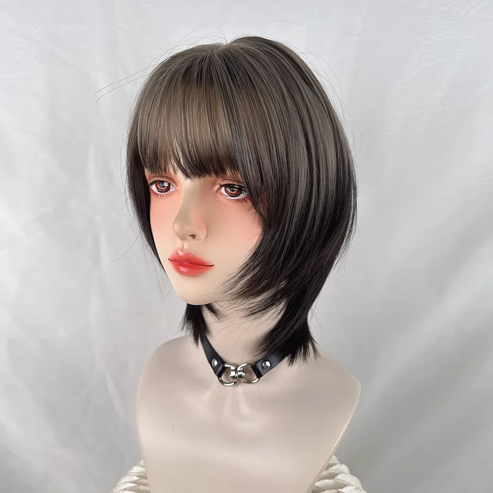 الاصطناعية قصيرة مستقيم أومبير براون شعر مستعار مع الانفجارات لوليتا تأثيري المرأة شعر مستعار رقيق مقاومة للحرارة للحزب اليومي