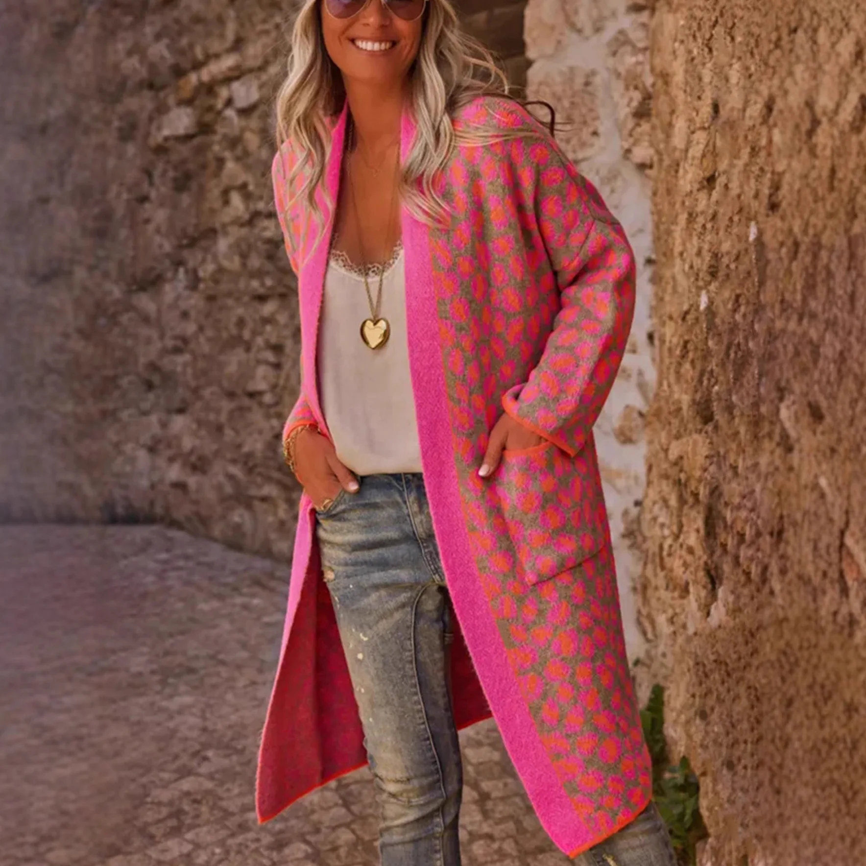 

Осенний женский кардиган с леопардовым принтом, цветной женский длинный свитер без пуговиц с v-образным вырезом и карманами, шикарный винтажный трикотаж для женщин