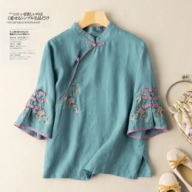 Chinese Tang Suit Shirt Cotton Linen Embroidery Blouse National Style Slim T-shirt Women Vintage Elegant Traditional Hanfu Tops