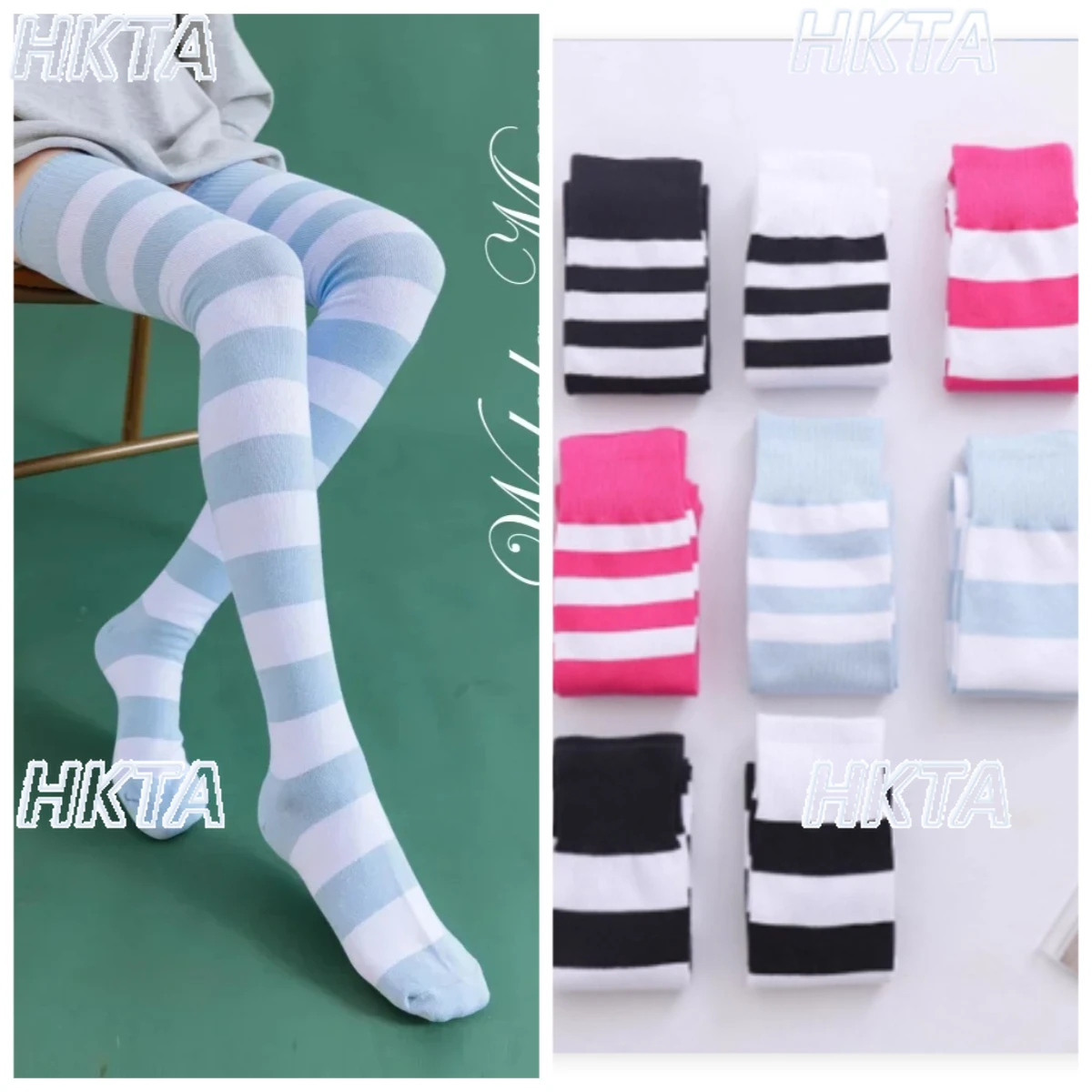 

Japanese Two-dimensional Socks Women Lengthened Blue White Striped Knee Socks Lolita Girls Thigh Socks Women Autumn Stockings