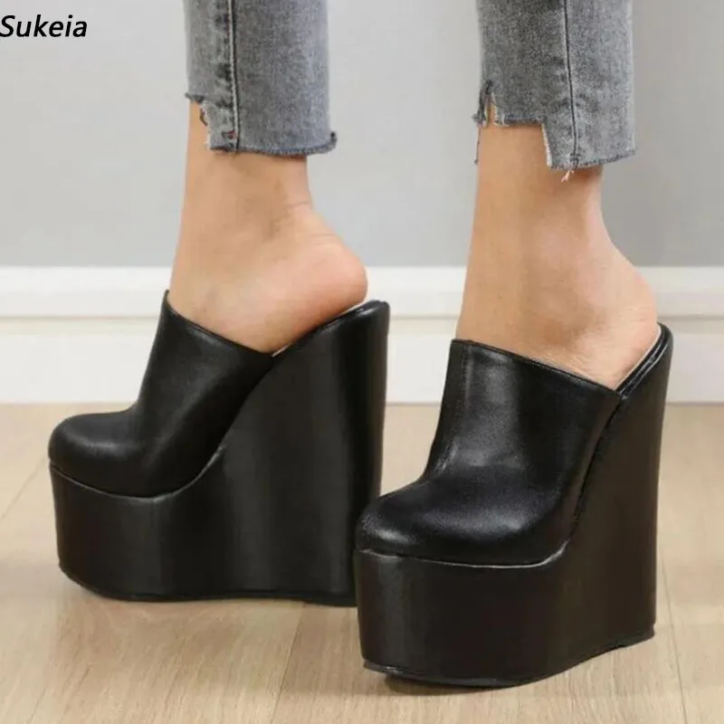 

Sukeia Real Photos Women Platform Slingback Pumps Wedges High Heels Round Toe Classics Black Party Shoes US Plus Size 5-15