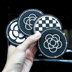 1PC Car Water Cup Pad Creative Diamond Inlaid Camellia Flower Storage Tank Non-Slip Mat Interior Decoration Products For Women