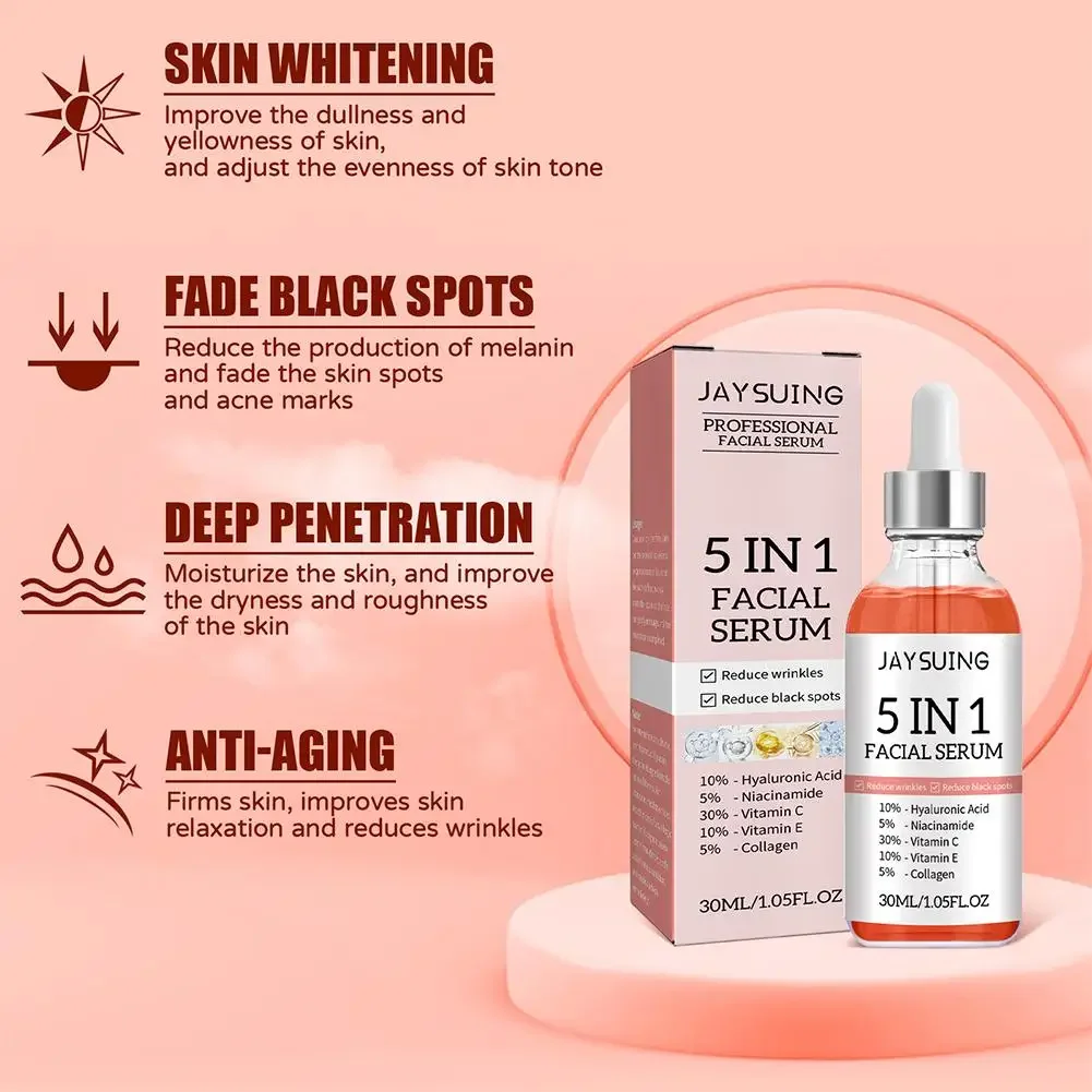 5 In 1 Face Serum Moisturizing Whitening Anti Wrinkle Aging Vitamin C Hyaluronic Acid Facial Serum Shrink Pores Skin Care Serum