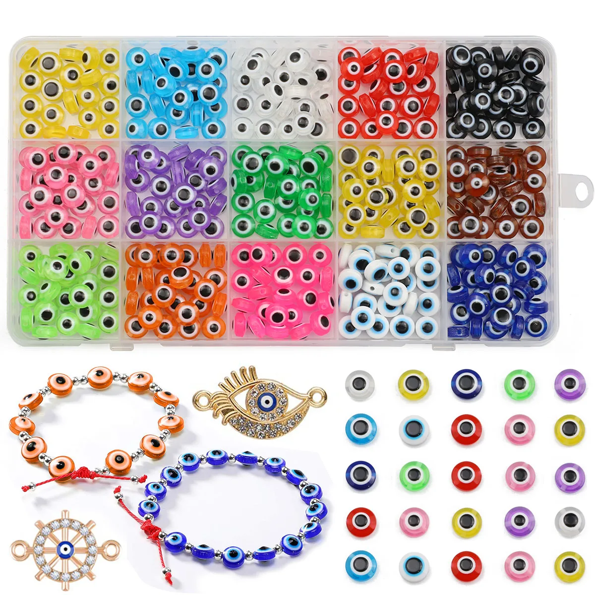 1 Box Multicolour 15 Compartments Evil Eye Beads Charm accessories, Resin Loose Bead Kit For Jewelry Making Bracelets Necklaces