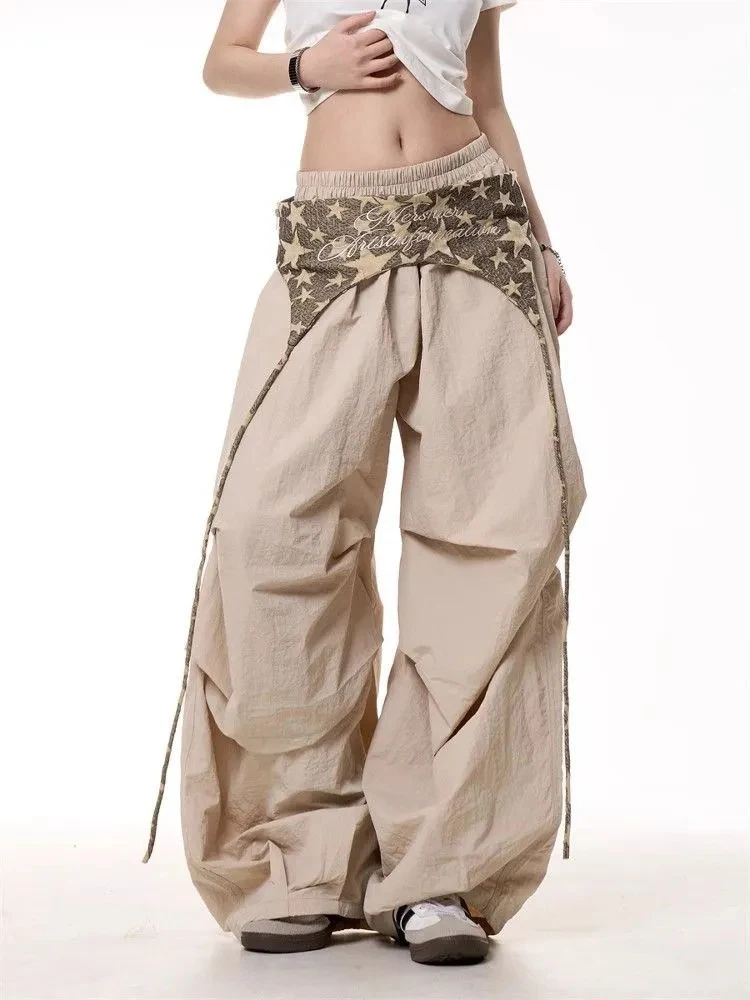 Y2K American Patchwork Cargo Pants Women Summer Loose Quick-Drying Wide Leg Pants Female Hip Hop Streetwear Straight Trousers