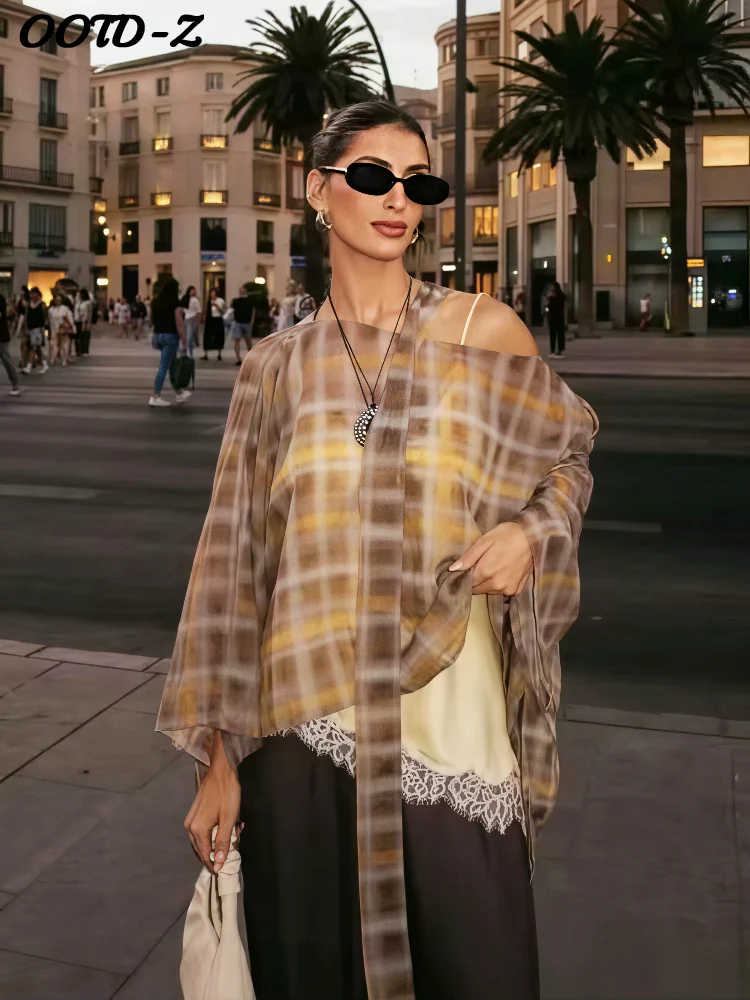 Bufanda a cuadros elegante para mujer, camisa informal que combina con todo con hombros descubiertos, Top holgado con contraste fluido, Tops elegantes para mujer 2025