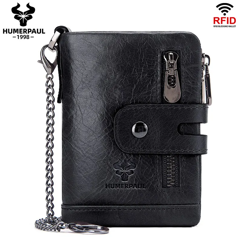 HUMERPAUL100% prawdziwy portfel ze skóry bydlęcej dla mężczyzn krótka portmonetka RFID etui na karty podwójny zamek błyskawiczny Bifold kieszonka na monety